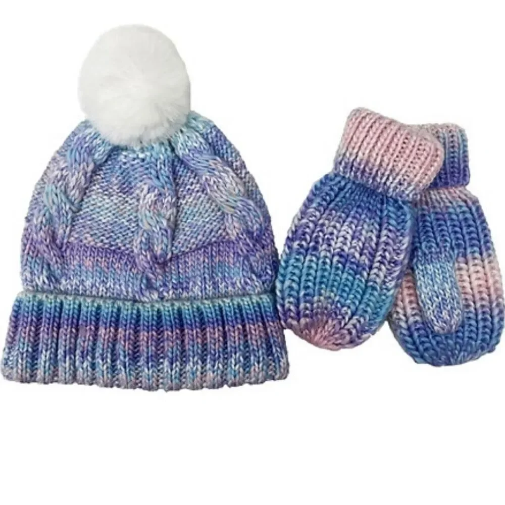 NWT West Loop Girl’s Blue,Purple.Pink, Mittens Gloves & Pom Pom Beanie hat set
